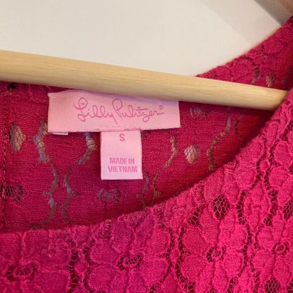 Lilly Pulitzer sz S Hot Pink Poppy Floral Sheer Lace Short Sleeve Top Fuchsia - Picture 4 of 8